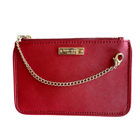 KATE SPADE NEW YORK Red 100% Leather Top Zip Gold Chain Mini ID Coin Purse NWOT - Picture 7 of 7